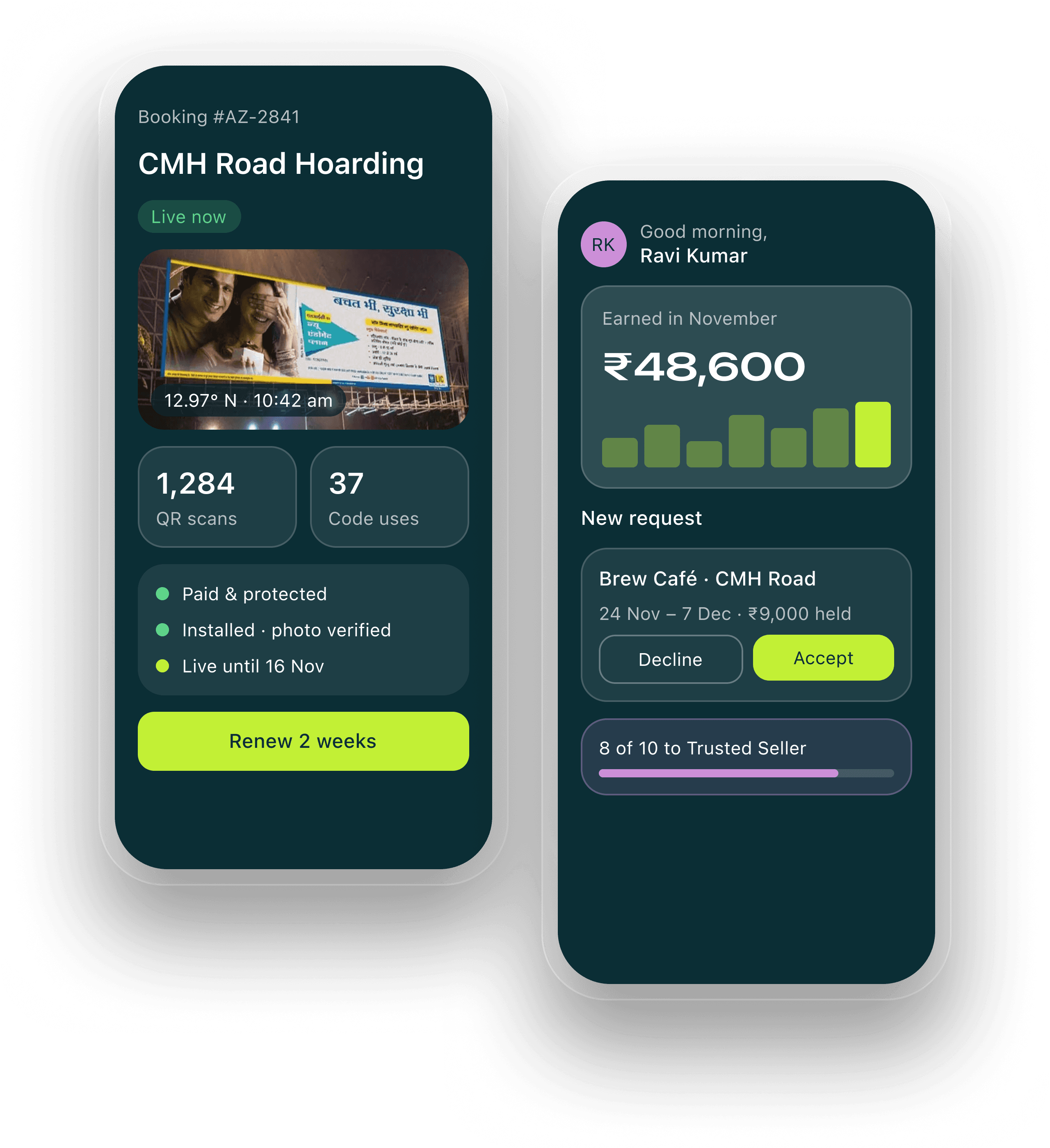 AdsZup advertiser view of a live booking next to the owner view of monthly earnings