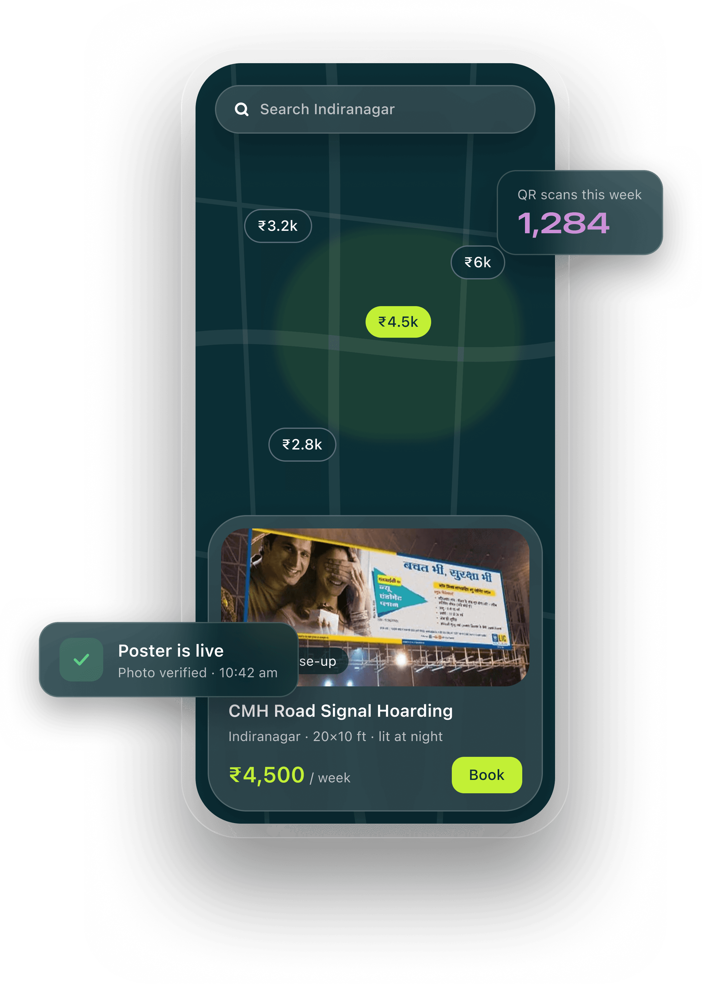AdsZup app showing boards on a map near Indiranagar, with QR scan stats and a verified poster